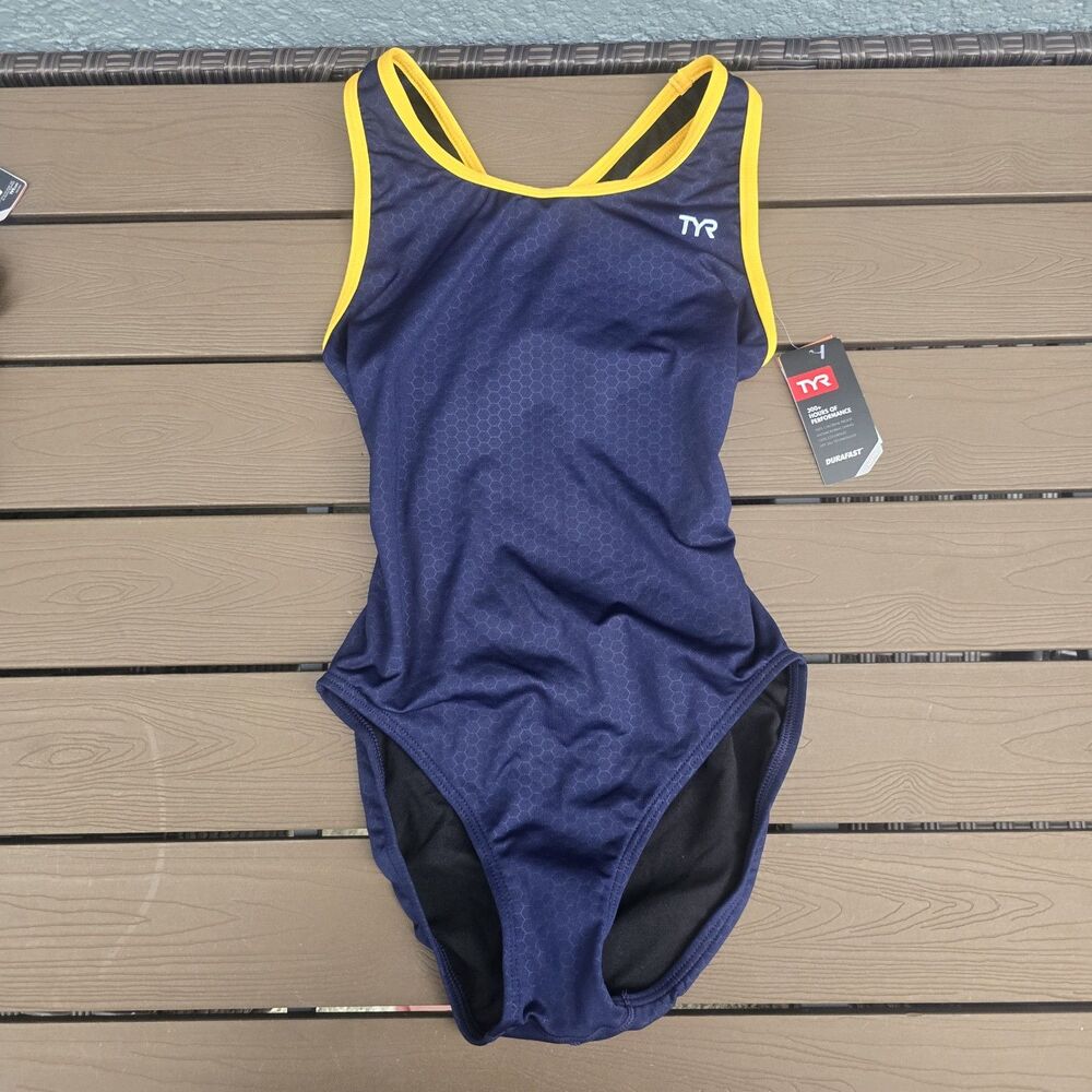 TYR Women's Durafast Elite Hexa NavyGold Maxfit 1 piece Swimsuit Sz 34 NEW